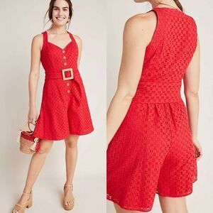 NWOT ANTHROPOLOGIE Belted Eyelet Red Romper Size 0